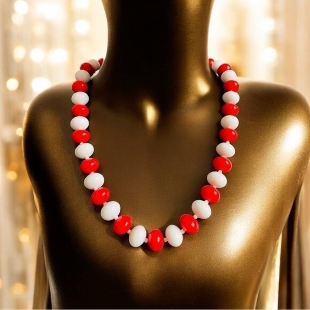 Red White Beaded Statement Necklace Single Strand 24" Womens Costume Jewelry